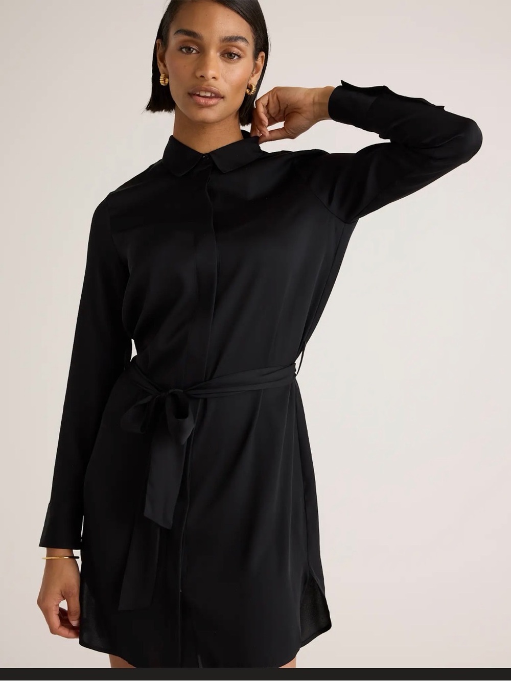 Quince Washable Stretch NAVYShirt Dress with Self Tie Belt
